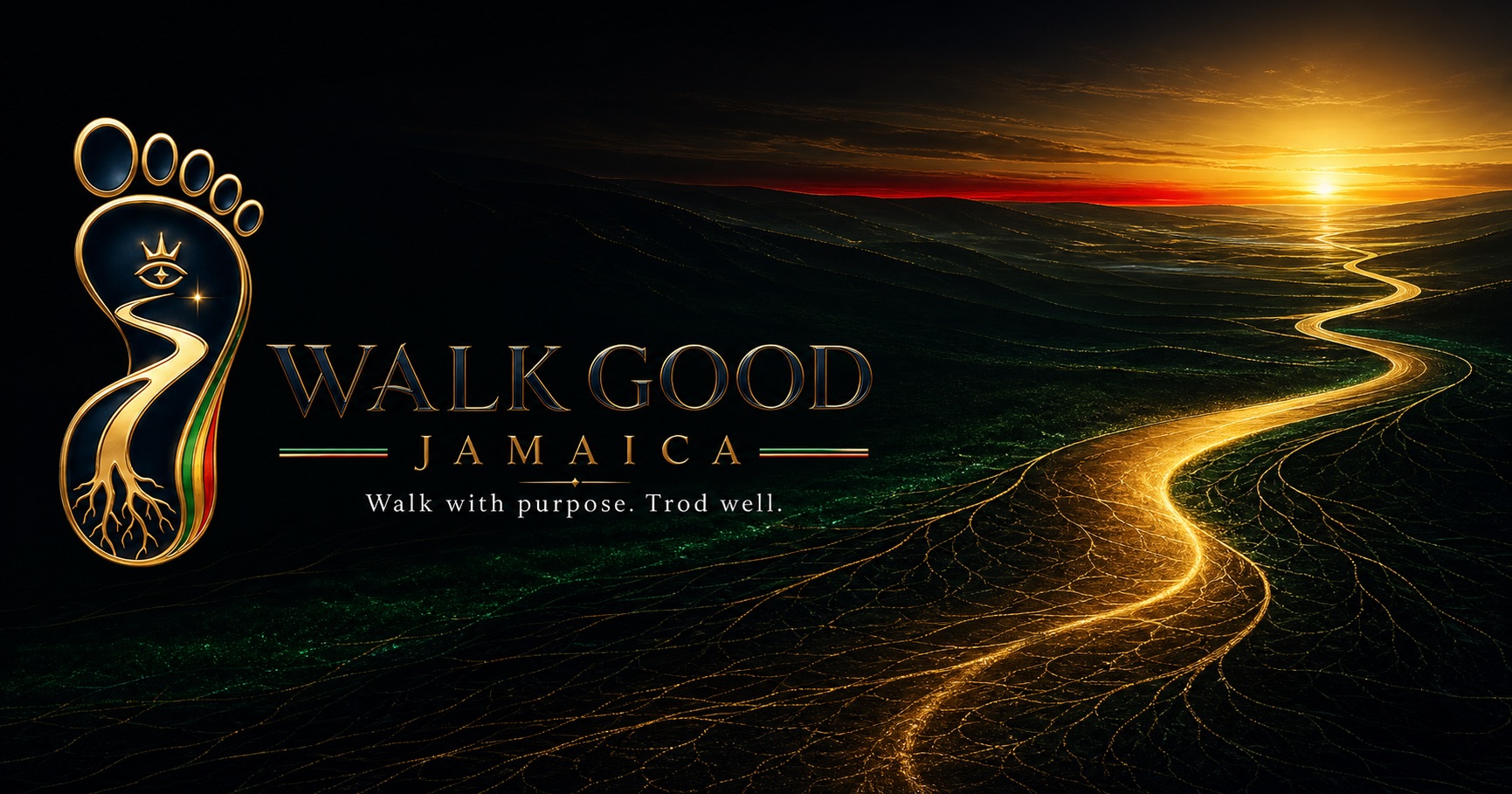 Walk Good Jamaica gold footprint and road leading toward sunrise