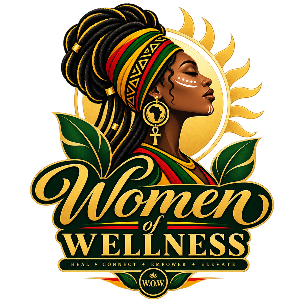 Women of Wellness illustrated identity featuring a woman framed by sun and leaves